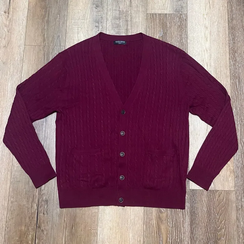 Kallspin Wool Blend Cable Knit Cardigan Sweater XL V-Neck Maroon Grandpa Preppy